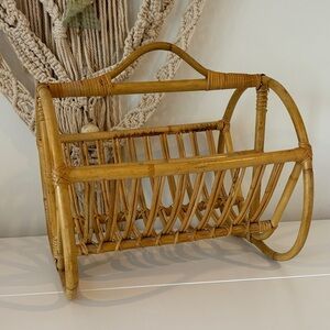 Vintage BOHO bamboo rattan magazine book rack MCM wicker record album holder